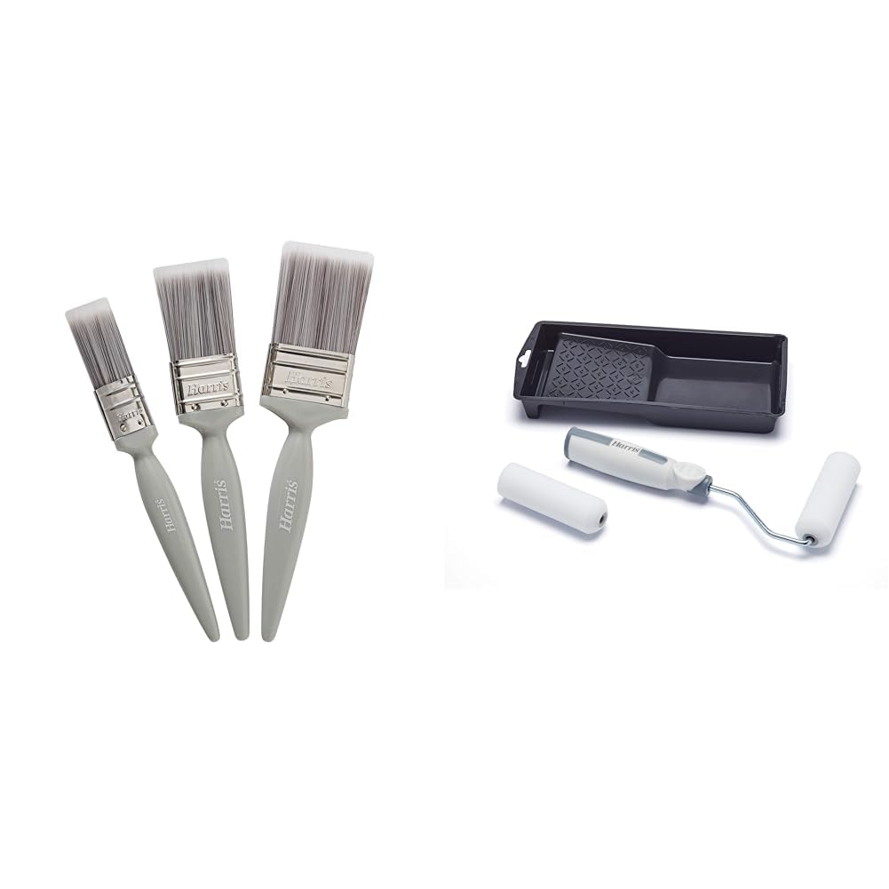 Harris Essentials Walls & Ceilings Paint Brushes, 3 Brush Pack, 1", 1.5", 2",Grey & 102022002 Seriously Good Woodwork Mini Roller Set 4in | Kit Includes: Tray, 1 x Roller Frame