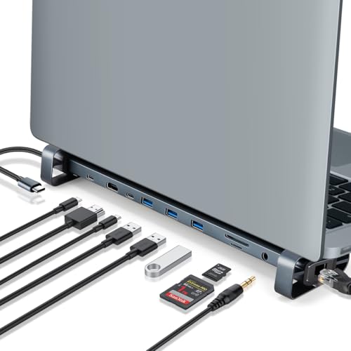SINEHO Hub USB C 10-en-1 con 100W PD, HDMI 4K@30Hz, 3xUSB 3.0, Ethernet, Lector SD/TF, Audio & Soportes Metálicos Desmontables - Base Compacta