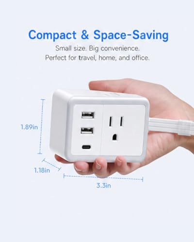 NTONPOWER Flat Plug Extension Cord, 5 FT Slim Flat Power Strip with 3 AC Outlets & 3 USB Ports (1 USB-C Port), Wall Mountable White Extension Cord for Home, Office, Dorm Room Essentials — view 5