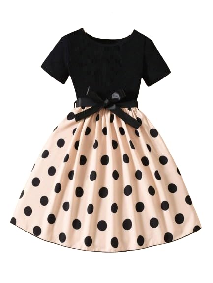 Image of TAGAS Girls Polka Dot Print Ruffle Trim Belted Dress||Dress for Girl || Fit & Flare Dress|| Short Sleeve Dress for Kids || Casual Dress||(KD-105)
