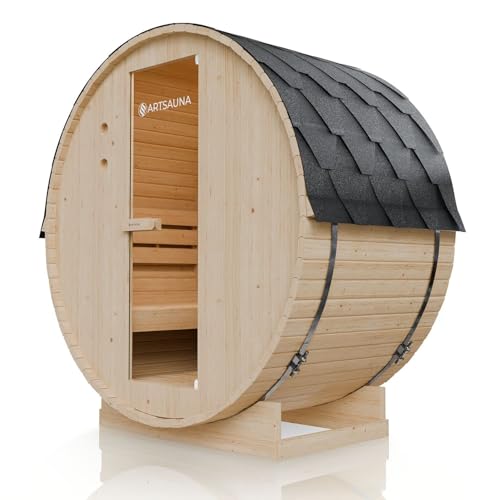 Artsauna Sauna a botte per esterni Spitzbergen 120 per 2 persone – stufa da 3,6 kW, pietre per sauna e accessori – botte per sauna in legno di abete – sauna esterna da giardino