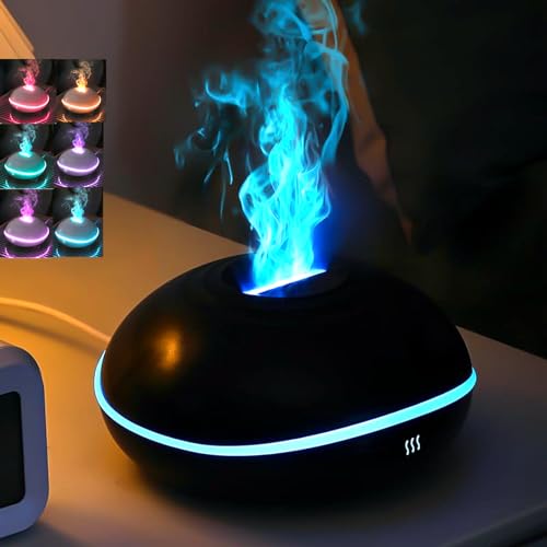 WAVATA Difusor de aroma de llama, aceites esenciales de luz de 7 colores, humidificador, difusor de aceite aromático para niños, hogar, oficina, habitación o yoga, apagado automático sin agua (negro)