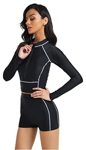SEAUR Rash Guard Damen Langarm UPF 50+ UV Schutz Zweiteiliger Badeanzug Bikini Badeshorts Schwimmanzug Slim Fit Sonnenschutz Bademode Shirt - M