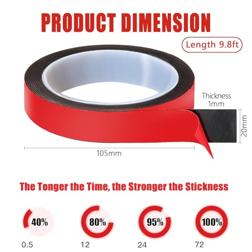 Double Sided Tape Heavy Duty, 20mm x 3.1m, Strong Adhesive, Waterproof Sticky Black Foam, for Mounting, Car, Home and Decor