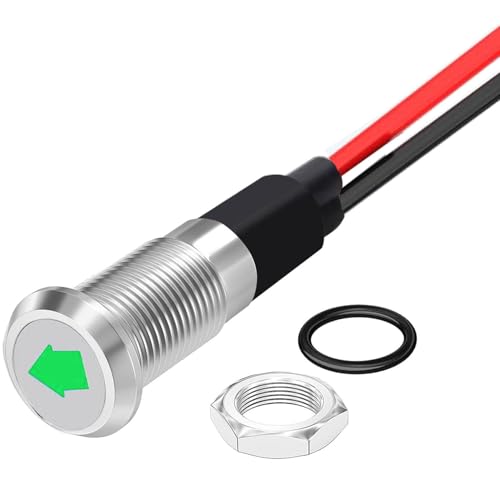 RUNCCI-YUN 1PCS 12V/24V runde Metall wasserdichte Signalleuchte LED Kontrollleuchte,8mm Plattenmontage DC LED kontrollleuchte,Dash Warnlicht Kontrollleuchte mit 26 AWG 150 mm (Einzelpfeil) Grün