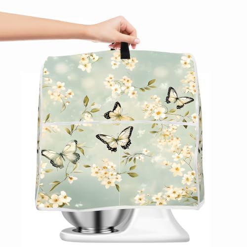 Image of Kitchen Dust Cover Compatible with 4.5 5 6 8 quart Stand Mixer, Kitchen Appliance Protective Covers with Top Handle and Pocket (Green Butterfly, For All 6-8 qt Mixer)