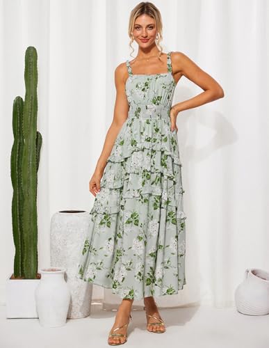 Image of GRACE KARIN Women's Floral Summer Wedding Guest Dresses 2025 Trendy Long Flowy Smocked Tiered Maxi Dress
