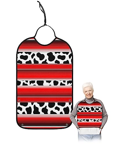 Red Buffalo Plaid Leopard Print Adult Bibs for Eating, Waterproof Bibs with Food Catcher & Adjustable Snap Closure, Black White Cheetah Animal Texture Clothing Protectors Adult Bibs for Elderly