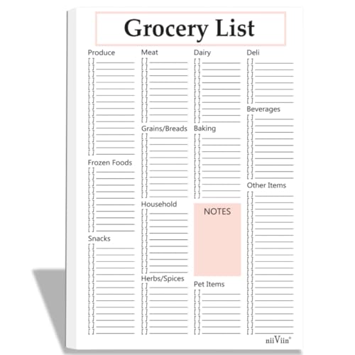 NIIVIIN Grocery List Magnet Pad for Fridge - 14 Categories with Notes Section, Magnetic Shopping List Pad, 50 Sheets