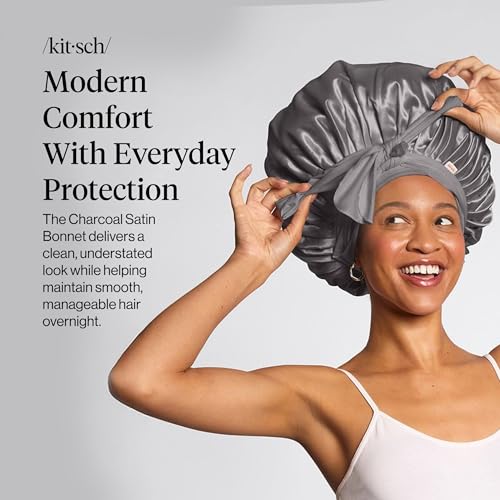 Kitsch XL Satin Bonnet for Sleeping - Softer Than Silk Hair Bonnet for Women - Secure Fit, Adjustable Night Cap for Curly & Textured Hair - Prevents Breakage, Tangles & Thinning - Charcoal by Kitsch - Image 2