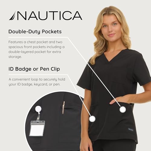 Nautica Women\'s Scrub Set, 9-Pocket Breathable & Stretchy Pants & Tops