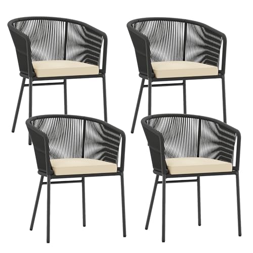 Tangkula Patio Chairs Set of 4, Outdoor Accent Chairs with Woven Rope Curved Backrest & Armrests, Seat Cushion, Adjustable Foot Pads, Modern Dining Chair for Dining Room, Patio, Backyard, Black