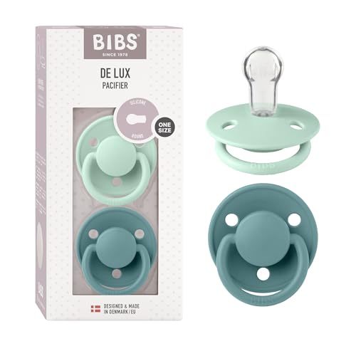 BIBS De Lux Baby Pacifier 2-Pack | Made in Denmark | BPA Free Dummy Soother, Round Nipple. Silicone, OneSize (0-36 Months), Nordic Mint/Island Sea