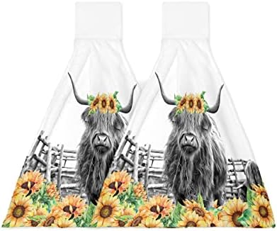 2PCS Hand Tie Towels for Bathroom Kitchen-Farm Highland Cow Sunflowers Decor Hanging Towel Tea Bar Dish Cloth Soft Coral Fleece Absorbent Washcloth,Black White Animals