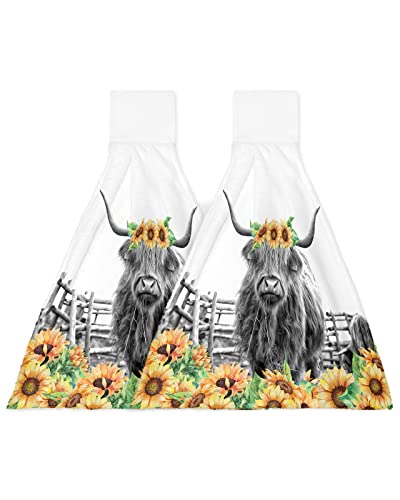 2Pcs Hand Tie Towels For Bathroom Kitchen-Farm Highland Cow Sunflowers Decor Hanging Towel Tea Bar Dish Cloth Soft Coral Fleece Absorbent Washcloth,Black White Animals #TOP10