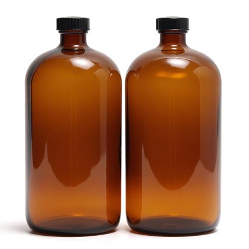 2 Pack 1000ml (32oz) Amber Glass Boston Round Bottles with Black Screw Caps - Empty Refillable Brown Glass Bottles for Essential Oils, Lab Chemicals, Cosmetics, Cleaning Solutions & Homemade Products