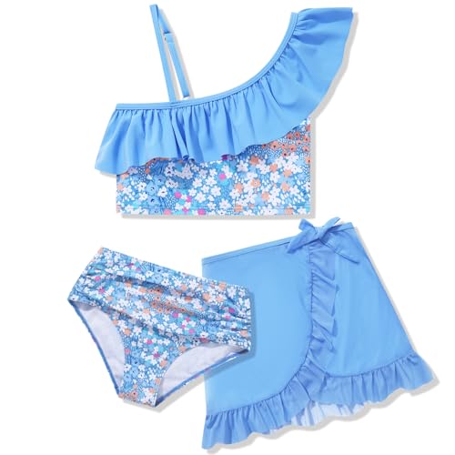URMAGIC Maillot de bain 3 pièces pour fille - Imprimé tropical - Texture florale - Couleur assortie - Avec jupe - Maillot de bain pour enfants, Gris/bleu, 9 ans