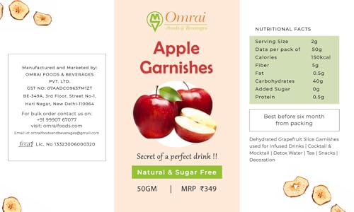 Image of Omrai Foods Dried Apple Slices Garnishes 50GM (Pack of 2) | Dehydrated Apple Fruit Garnish for Cocktails, Mocktails, Detox Water, Tea | 100% Natural Air Dried Fruit Apple Slices for Decoration
