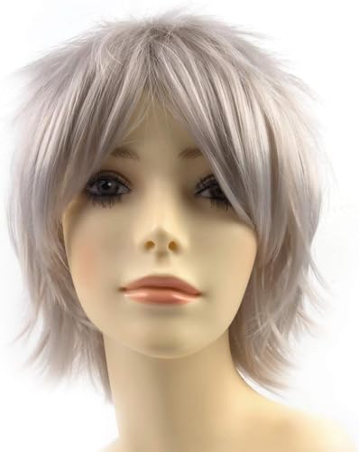 Modernfairy Anime Halloween Wig Ash Grey for Cosplay Party, Synthetic Layered Short Hair Wigs with Bangs, Pastel Wigs for Women Men