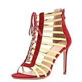 Hinyyrin Womens Cutout Gladiator Lace Up High Heel - Open Toe Caged Stiletto Sandals Stripe Ankle Straps Strappy Dress Heeled Sandals Red Gold Size 6