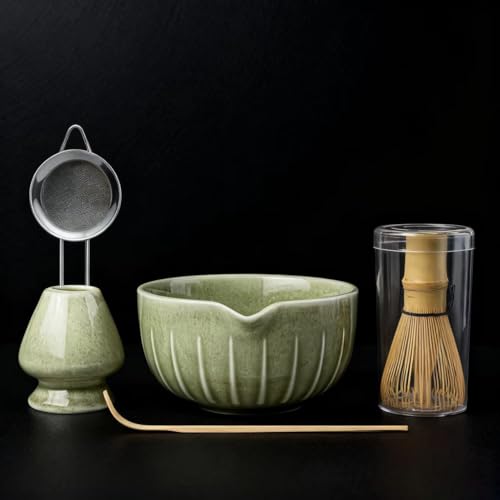 Farielyn-X Matcha Whisk Set, Japanese Tea Set (5pcs) includes Matcha Bowl with Spout (19 oz), Bamboo Whisk, Matcha Scoop, Matcha Whisk Holder (Chasen Holder), Stainless Steel Sifter, Macha Kit