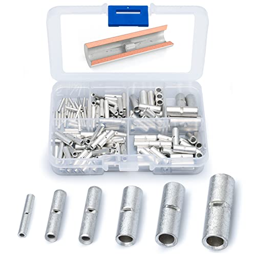 Wirefy 100 PCS Non Insulated Butt Connectors Kit - Butt Splice Connectors - Uninsulated Crimp Wire Connectors - 24-8 AWG