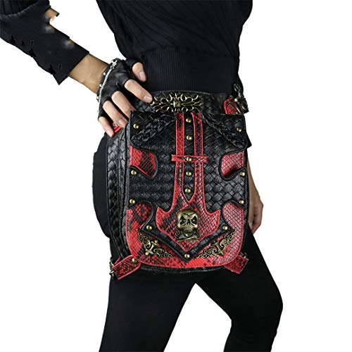 Sometubien Mujeres Hombres Cuero Patchwork Bronce Cráneo Remache Punk Bolsas de Cintura Vintage Motocicleta Pierna Bolsa Black