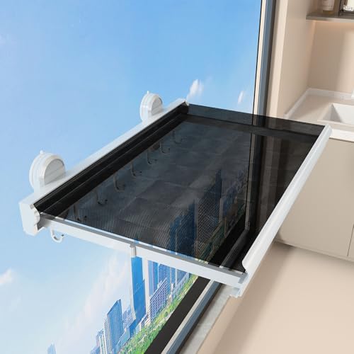 Wäschespinne, Wäscheständer Ausziehbar, Balkonwäschetrockner Netz zum Ausziehen, Wäscheständer Wandmontage Saugnapf, mit Haken, Geeignet zum Trocknen von Socken und Unterwäsche-White||44cm