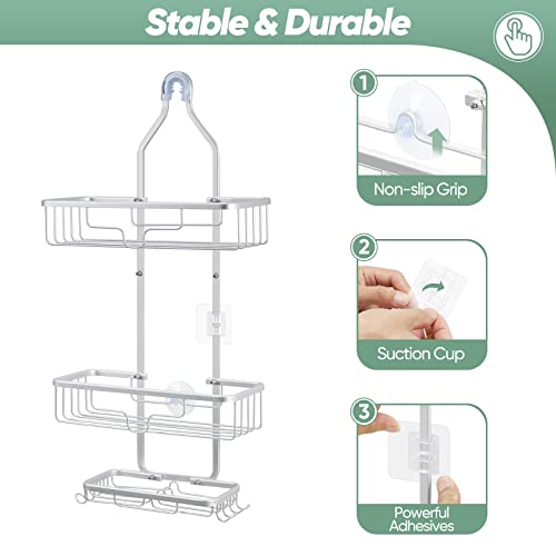 Hanging Shower Caddy Organizer, Aluminum Over Head Shower Caddy With 2 Basket & Hooks Rustproof Anti-Swing Bathroom Organizer For Shampoo, Conditioner & Soap, Sliver #TOP3