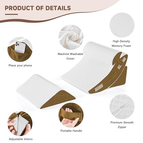 Yojoker 4PCS Orthopedic Bed Wedge Pillow Set for Sleeping, Post Surgery Foam Pillow for Body, Back and Leg Pain Relief, Triangle Adjustable Support Pillow - Acid Reflux Sleeping Pillows Brown