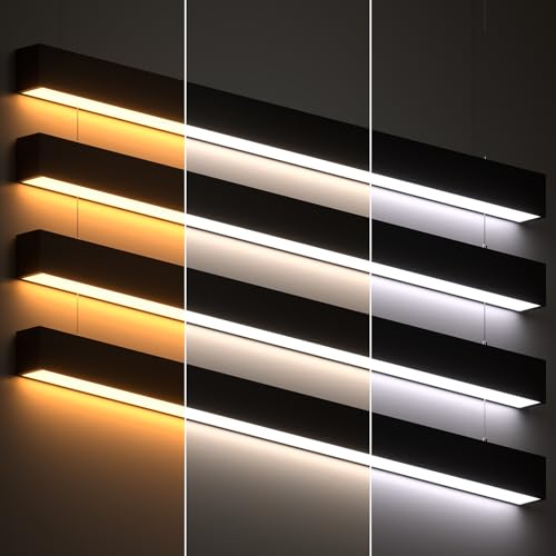JTT 4FT LED Linear Light, 50W/40W/30W Linkable Office Light Fixture, 3000K-5000K Selectable,Dimmable Architectural LED Suspension Ceiling Hanging for Basement Shop Dining Room bar, 4 Packs