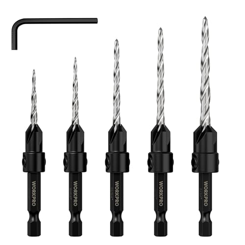 WORKPRO 5-Pack Countersink Drill Bit Set, #4, #6, #8, #10,#12, M2 HSS, 4-Flute Design, Adjustable with Included Hex Key, Ideal for Woodworking & Metal Drilling