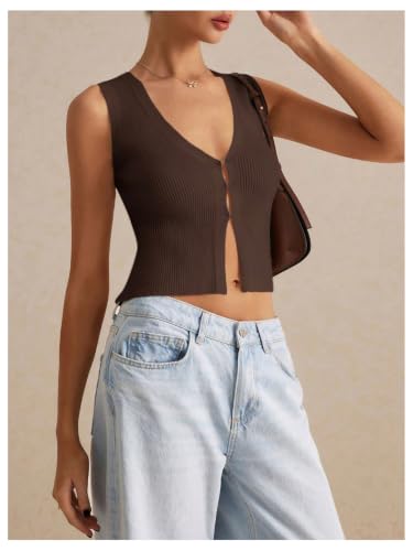 Image of GORGLITTER Women's Knit Top V Neck Sleeveless Button Up Sweater Vest Fall | Cute Summer Tops, Lightweight, Button Down, Business Casual, Work Office Shirts, Fashion Clothing
