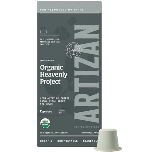 Artizan Coffee USDA Organic Espresso Coffee Capsules For Nespresso Original | Heavenly Project Decaf | 10 Compatible Compostable Pods