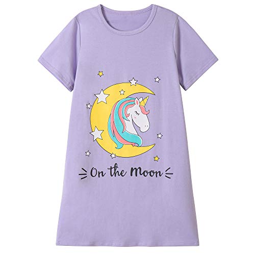 Hupohoi Big Girls' Short Sleeve Nightgown Lovely Unicorn Printed Sleep Dress Funny Moon and Star PJS, Unicorn, 12(US 8-11 Years)