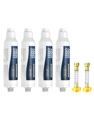 AQUA CREST RV Water Filter, RV Inline Water Filter with NSF Certified, Reduces Chlorine, Bad Taste and Odor, Ideal for Garden and Camper (Filter 4 Pack with Hose Protector)
