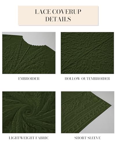 Bsubseach Lace Kimonos for Women 2025 Swim Cover Up Summer Beach Coverup Open Front Sheer Kimono Cardigan Green - Thumbnail 3