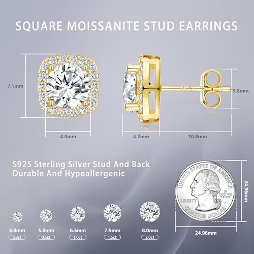 Lyniuoy Moissanite Square Stud Earrings For Women Men Cubic Zirconia Halo Sparkle Earring 14K Gold Plated 925 Sterling Silver Hypoallergenic Stud Gifts For Women Wife Girlfriend 4.0mm 0.3ct X2 — view 4