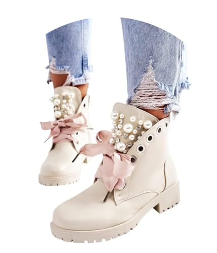 Minetom Stiefeletten Damen Stiefeletten Perlen Dekoration PU Winterstiefel...