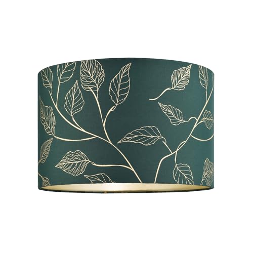 Modern Forest Green Cotton Fabric Drum Lamp Shade with Gold Foil Floral Design | Inner Champagne Faux Silk Satin Fabric Lining | 30cm x 20cm by Happy Homewares