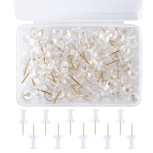 BE-TOOL I-Shaped Push Pins Tacks, Thumb Tacks, Clear Plastic Head and Steel Point, Heavy Duty Head Pin for Cork Board Wall Photo Map Calendar, Office and Daily Life(100Pcs Gold)