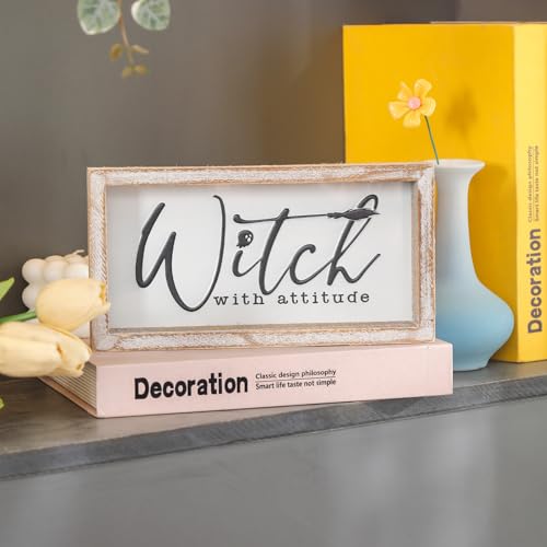 Image of Embossed Witch Sign, Farmhouse Halloween Decorations Indoor, Vintage Halloween Tiered Tray Decor, Funny Spooky Halloween Centerpieces for Table Cubicle Desk Mantel Fireplace