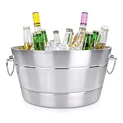 Bottles inside of ice in a steel beverage tub