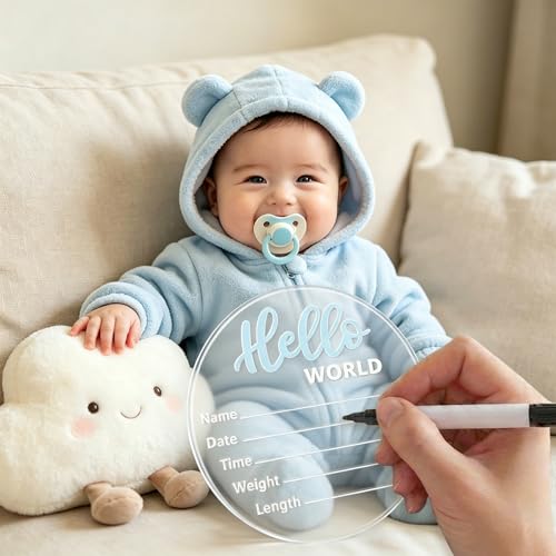 Image of Baby Announcement Sign, 5.9 Inch inchHello World inch Newborn Sign for Birth Announcement, Baby Name & Welcome Baby Board, Acrylic Newborn Announcement Sign for Hospital (Blue)