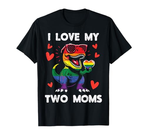 Gay Pride I Love My Two Moms Dino LGBTQ Ally Rainbow Kids T-Shirt
