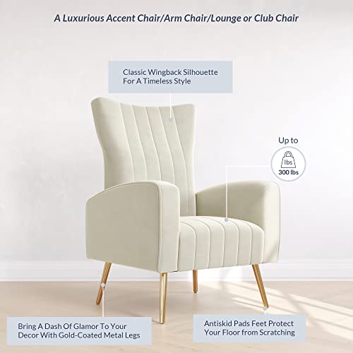 Belleze Velvet Accent Chairs For Living Room, Modern Upholstered Wingback Vanity Chair Arm Chair Mid-Back Single Sofa With Metal Legs, Armrests For Living Room Bedroom- Kinsley (White) #TOP3