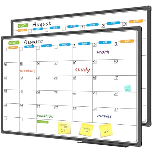 JILoffice Dry Erase Calendar Whiteboard - Magnetic White Board Calendar Monthly 36 X 24 Inch, 2 Pack, Black Aluminium Frame Wall Mounted Board for Office Home and School