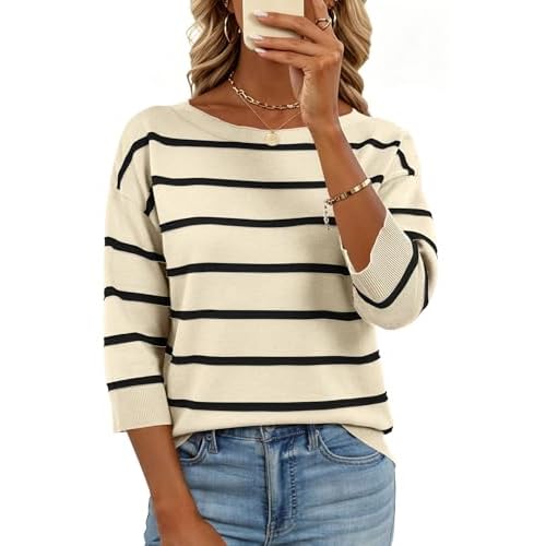 LOMON Womens Sweaters Casual Boat Neck 3/4 Sleeve Lightweight Knit Trendy Pullover Sweater Summer Tops S-XL