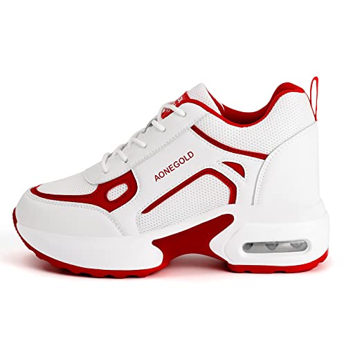 AONEGOLD Damen Wedges Sneaker Innenhöhe7.5cm Luftkissen Keilabsatz Sports Walkingschuhe Outdoor Leicht Turnschuhe Bequeme Atmungsaktive Mesh Freizeitschuhe(Rot,41EU) Cover