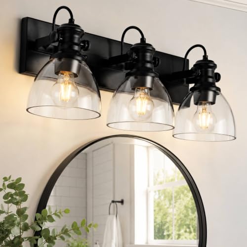 Audickic 3-Light Black Bathroom Vanity Light Over Mirror, Clear Glass Shade